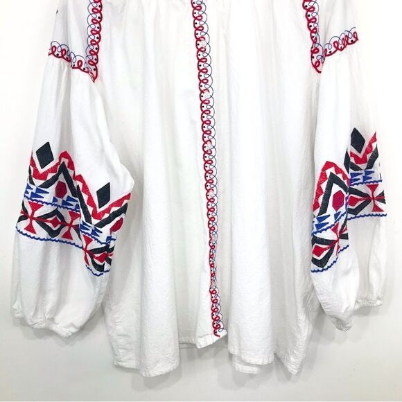 Cato White Cotton Black Red Blue Ethnic Embroidered Button Up Peasant Blouse - Picture 3 of 15